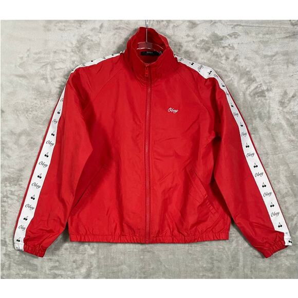 Women’s Obey Worldwide Cherry Windbreaker Full Zip Jacket Red Lightweight Coat - Picture 2 of 11